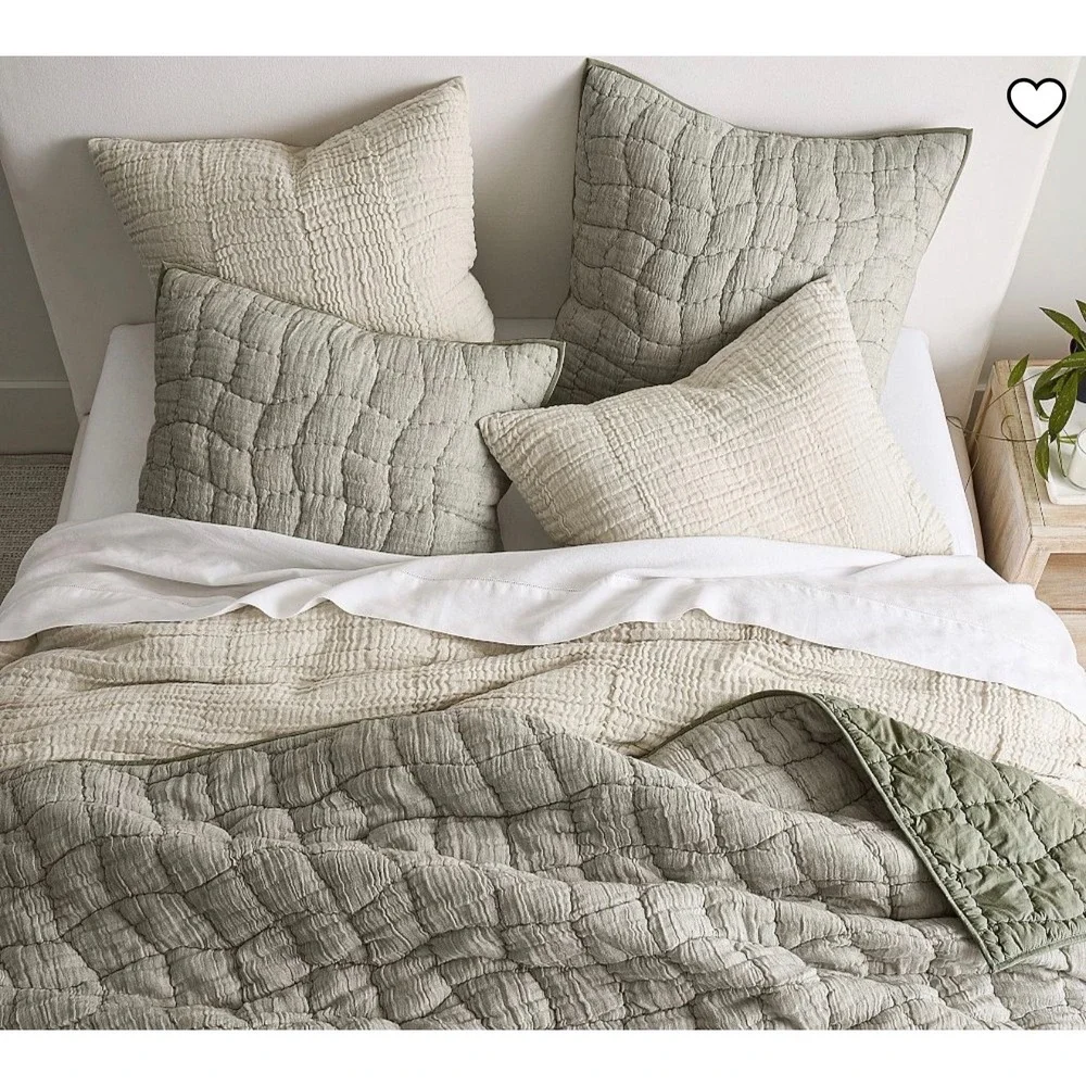 Pottery Barn Cloud Quilted Euro Sham Loden Green Flax Cotton Linen 26x26 NEW